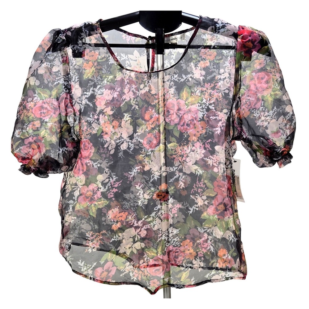 Women's Large Sheer Floral Puff Sleeve Top NWT Layering Whimisigoth Dark Romance